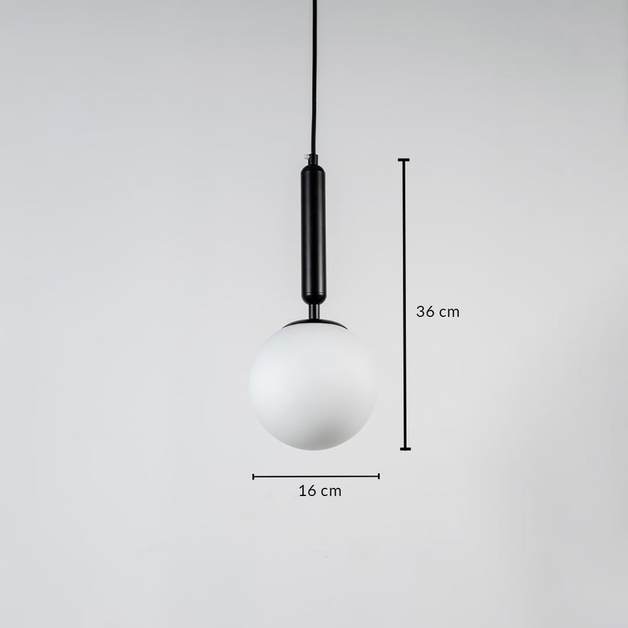 White glass globe pendant light measuring 14 cm width and 26.6 cm height crafted for sophisticated ceiling lighting decor.