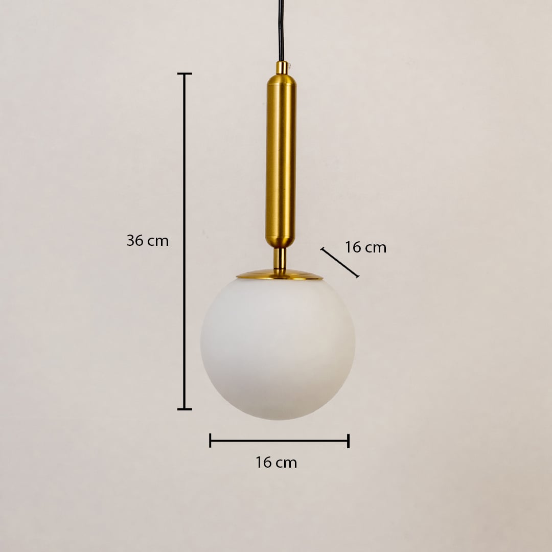 White glass globe pendant light measuring 16 cm width and 36 cm height crafted for sophisticated ceiling lighting decor.