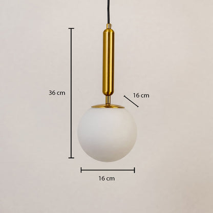 White glass globe pendant light measuring 16 cm width and 36 cm height crafted for sophisticated ceiling lighting decor.