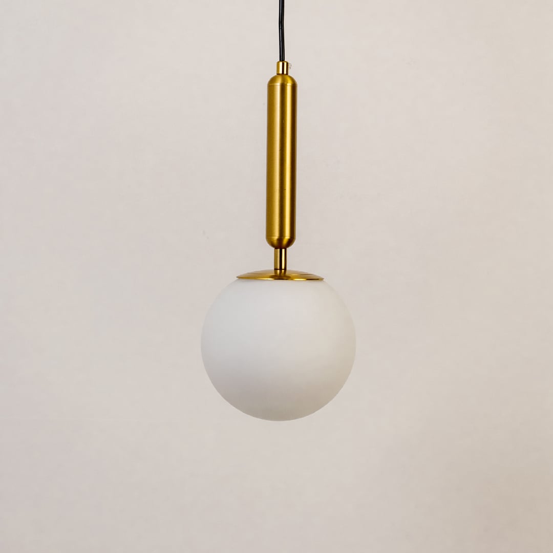 White glass globe pendant light measuring 14 cm width and 33 cm height crafted for sophisticated ceiling lighting decor.