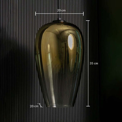 An amber glass pendant light with clear size details measuring 35 cm height and 20 cm width and 20 cm depth for accurate placement.