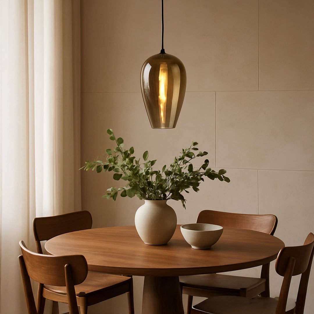 An amber tinted glass pendant light glowing warmly above a wooden dining table creating soft ambient lighting for cozy modern dining room decor.