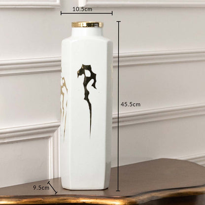 Tall white ceramic jar with black horse artwork in a front view measuring 10.5 cm width and 45.5 cm height ideal for luxury décor styling.