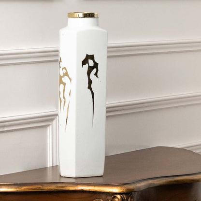 Tall white ceramic jar with gold horse artwork in a front view ideal for luxury décor styling and elegant living room placement.