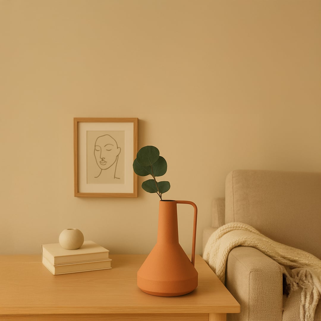 Modern ceramic jugs collection in black terracotta gray and cream with metal handle placed on a wooden table in a cozy living room.