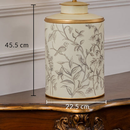 Table lamp featuring a leaf pattern ceramic base displayed with 45.5 cm height and 23 cm width for accurate dimensions.