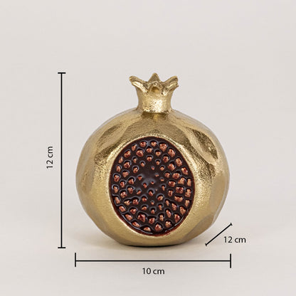 Gold pomegranate decorative accent on a white background with dimensions showing 12 cm height 10 cm width and 12 cm depth