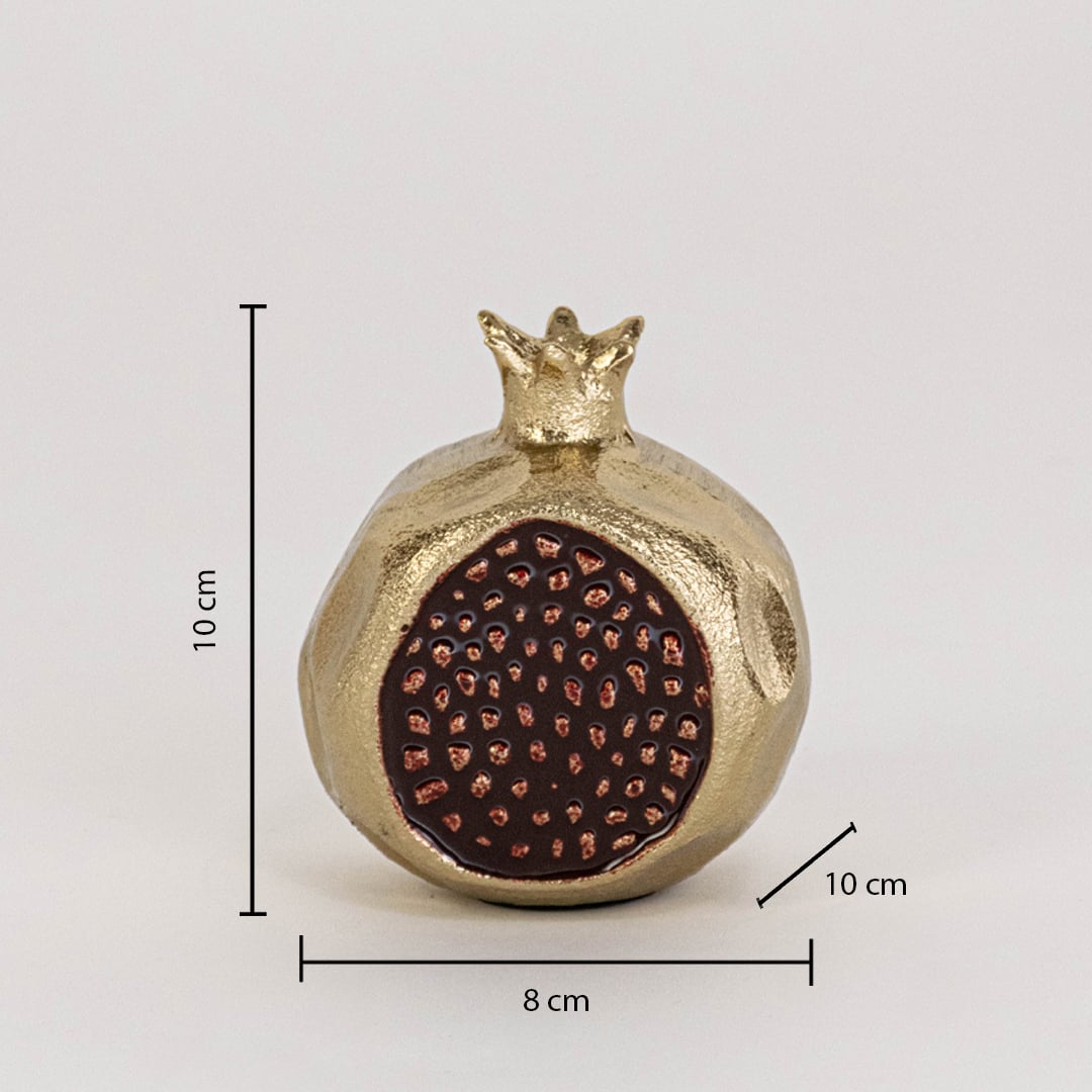 Golden pomegranate decor on a white background with dimensions showing 10 cm height 8 cm width and 10 cm depth