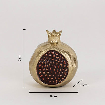 Golden pomegranate decor on a white background with dimensions showing 10 cm height 8 cm width and 10 cm depth