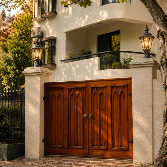 A pair of ornate wooden double garage doors in a warm medium brown tone, set between two tall white stone pillars with black outdoor lantern lights, in front of a stucco residential building.