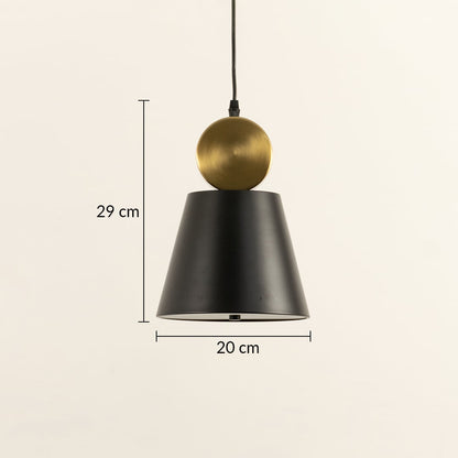 Pendant light measuring 29 cm in height and 20 cm in width featuring a metal tapered shade and spherical metal accent suitable for modern interior home lighting.