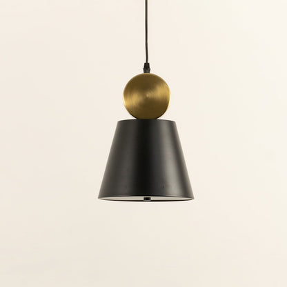 Metal pendant light with black tapered shade and spherical metal detail shown switched off on a white background highlighting its clean modern geometric form.