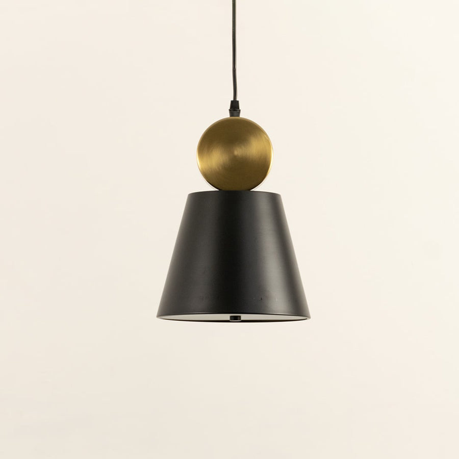 Metal pendant light with black tapered shade and spherical metal detail shown switched off on a white background highlighting its clean modern geometric form.