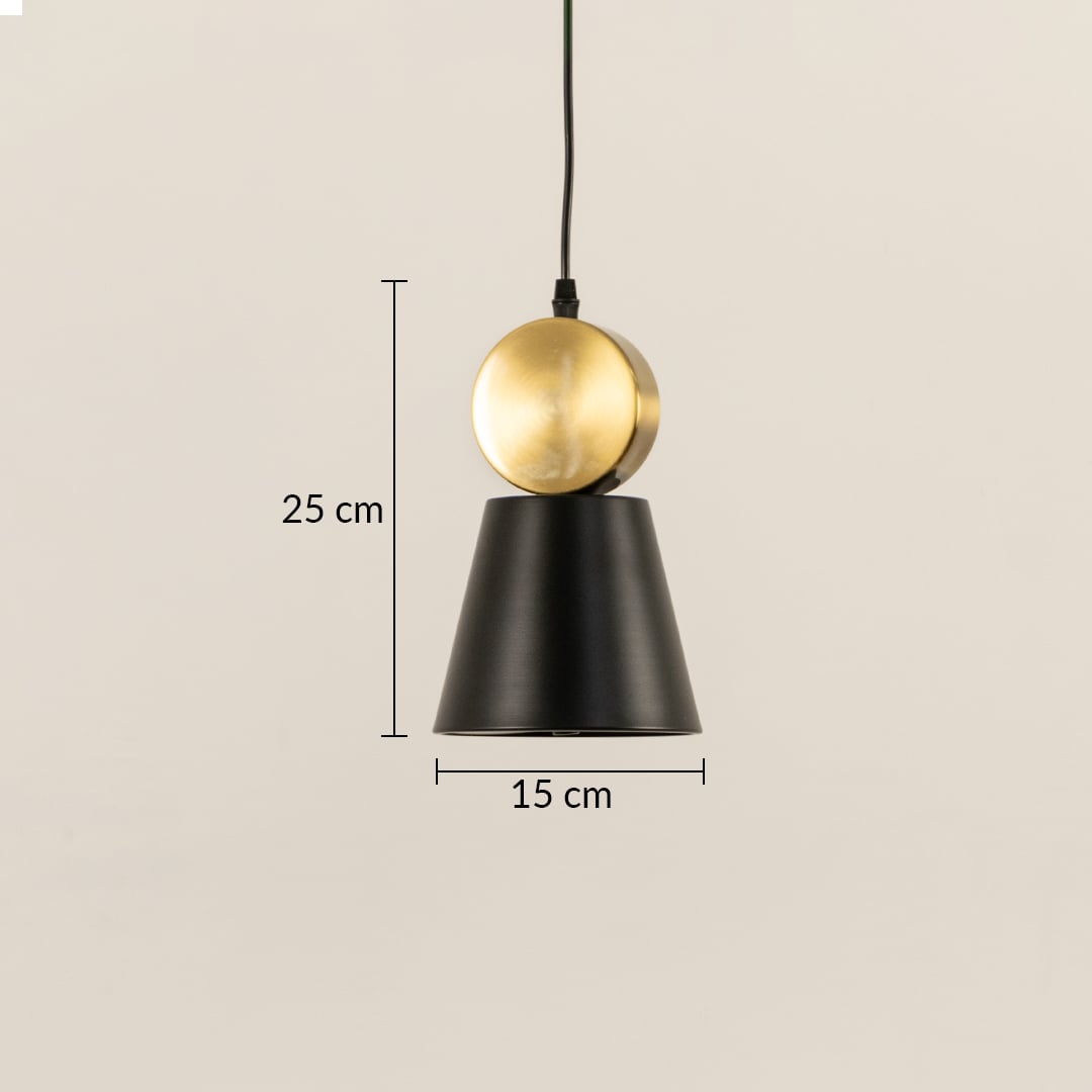 Pendant light measuring 25 cm high and 15 cm wide featuring a black tapered shade and rounded metal top suitable for modern interior lighting applications.