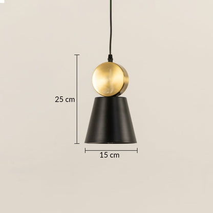 Pendant light measuring 25 cm high and 15 cm wide featuring a black tapered shade and rounded metal top suitable for modern interior lighting applications.