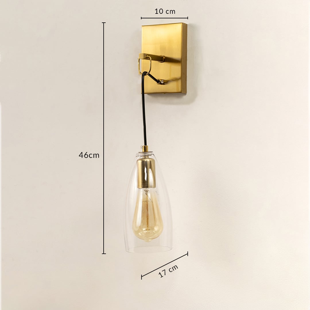 Minimal wall light with exposed filament bulb showing 40 cm height and 12 cm width designed for modern interior walls.