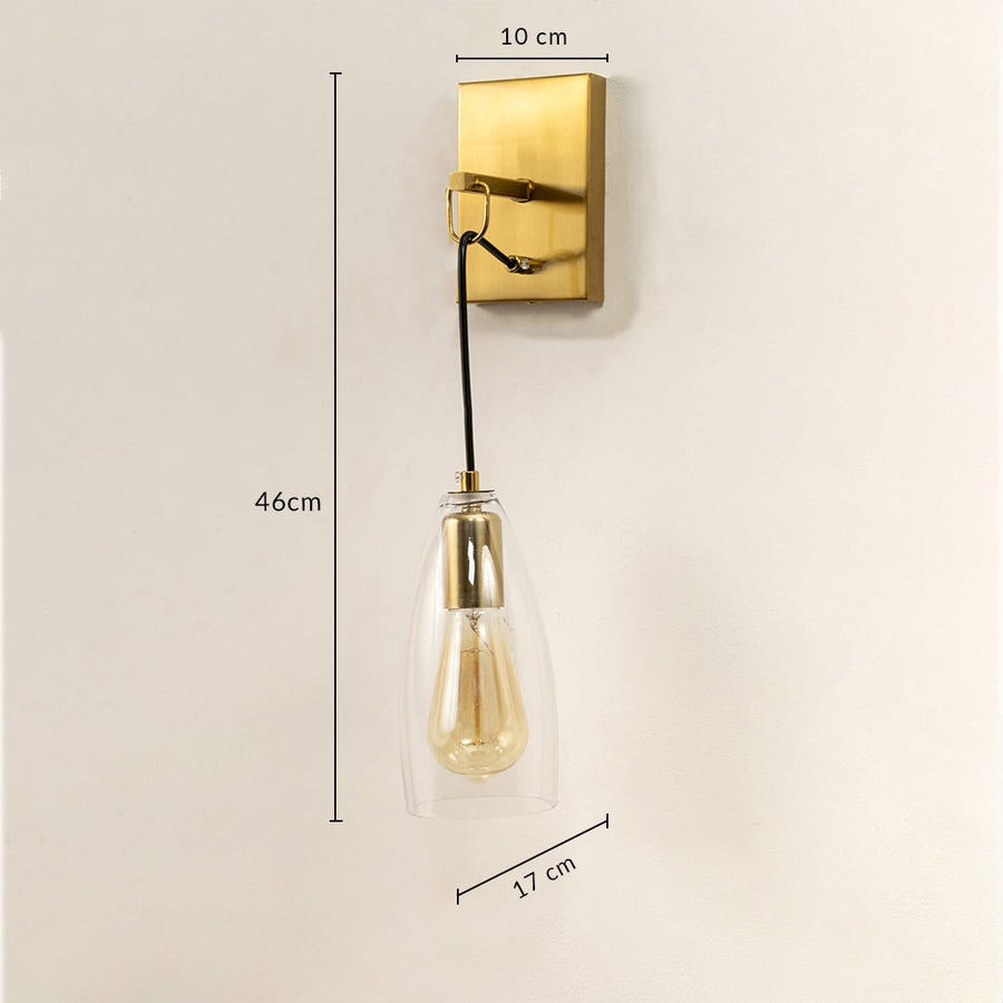 Minimal wall light with exposed filament bulb showing 40 cm height and 12 cm width designed for modern interior walls.