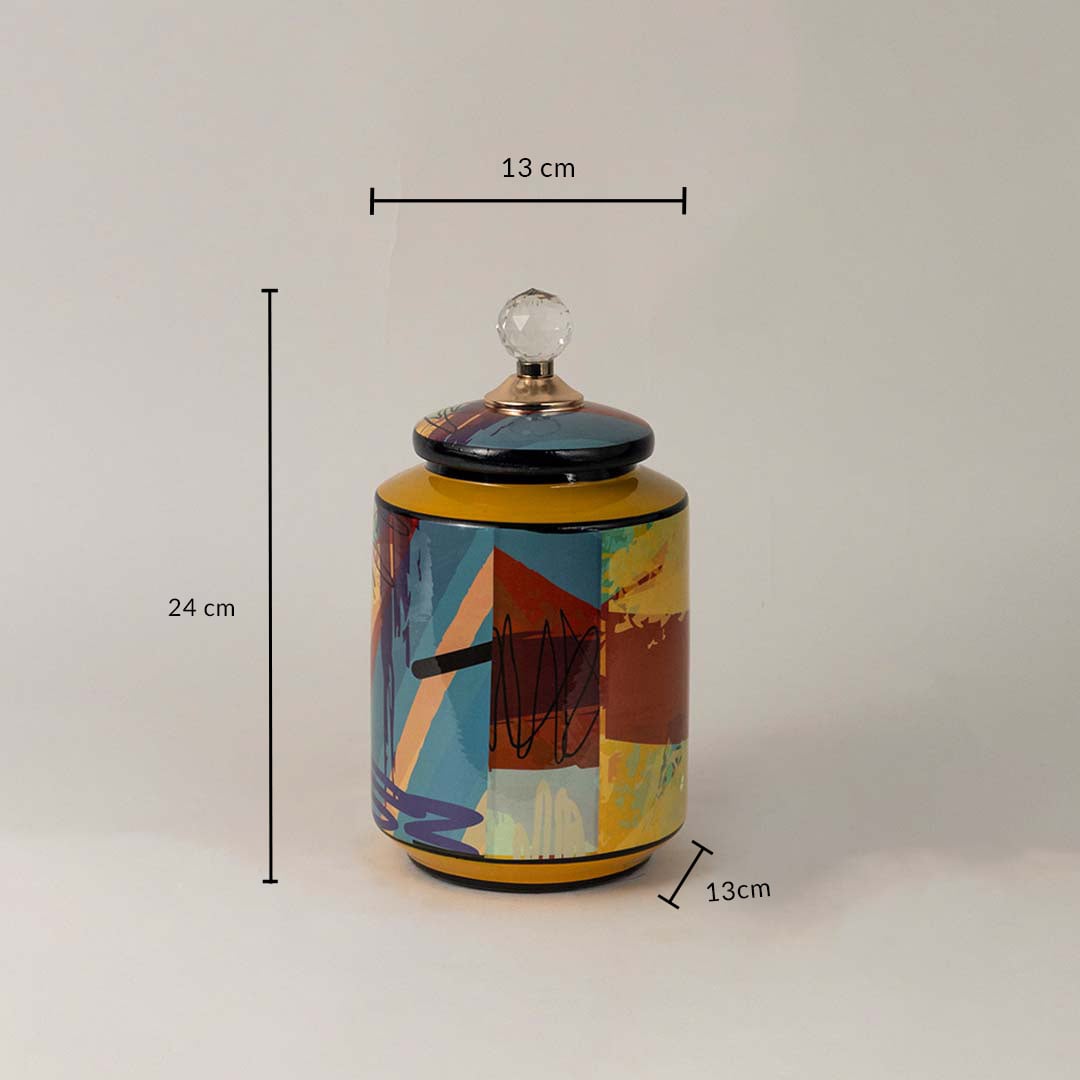 Multicolor ceramic jar measuring 24 cm in height and 13 cm in width featuring a crystal top lid and bold color design.