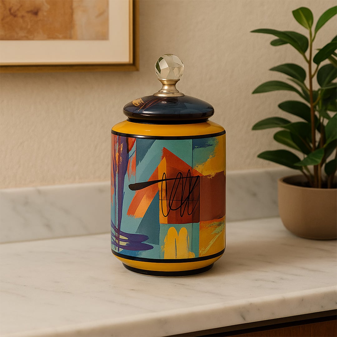 Multicolor ceramic jar adding artistic elegance to a modern countertop decor with vibrant geometric patterns.