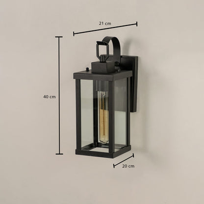 Technical diagram showing height and width measurements of the antique brass wall lantern 55 cm tall and 21 cm wide.