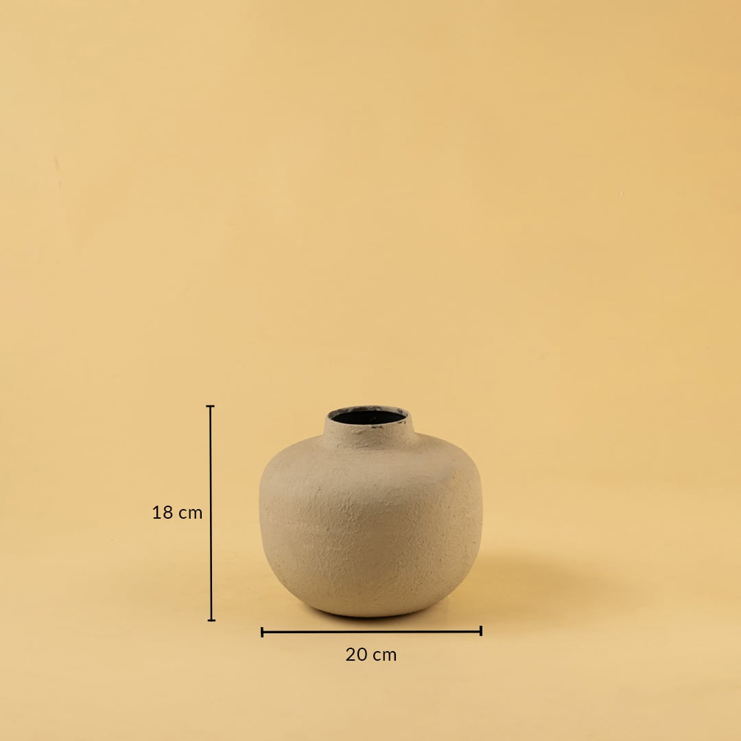 Grey metal textured vase decor with width 20 cm and height 18 cm shown clearly for accurate size reference.
