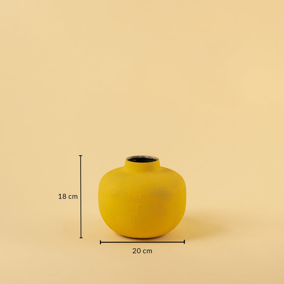 Yellow metal textured vase decor with width 20 cm and height 18 cm shown clearly for accurate size reference.