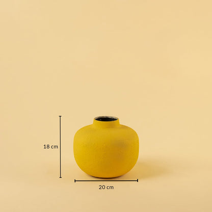 Yellow metal textured vase decor with width 20 cm and height 18 cm shown clearly for accurate size reference.