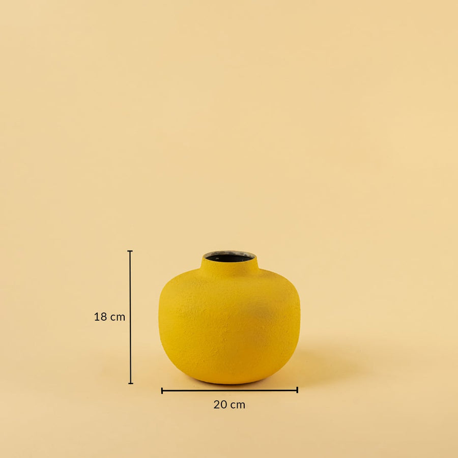 Yellow metal textured vase decor with width 20 cm and height 18 cm shown clearly for accurate size reference.