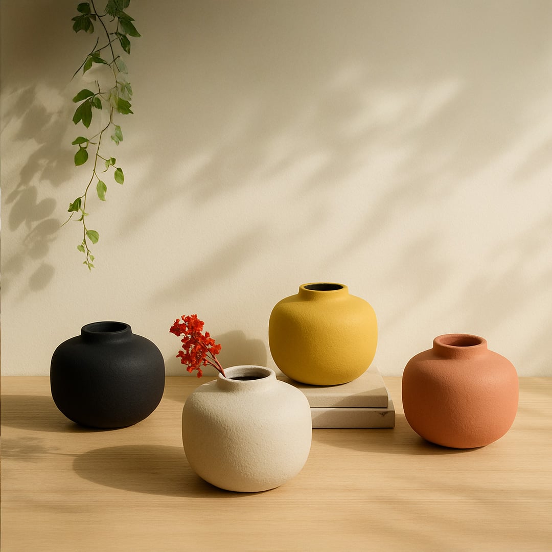 Set of yellow metal textured vases displayed in a warm setting creating a bright cohesive look for modern interior styling.