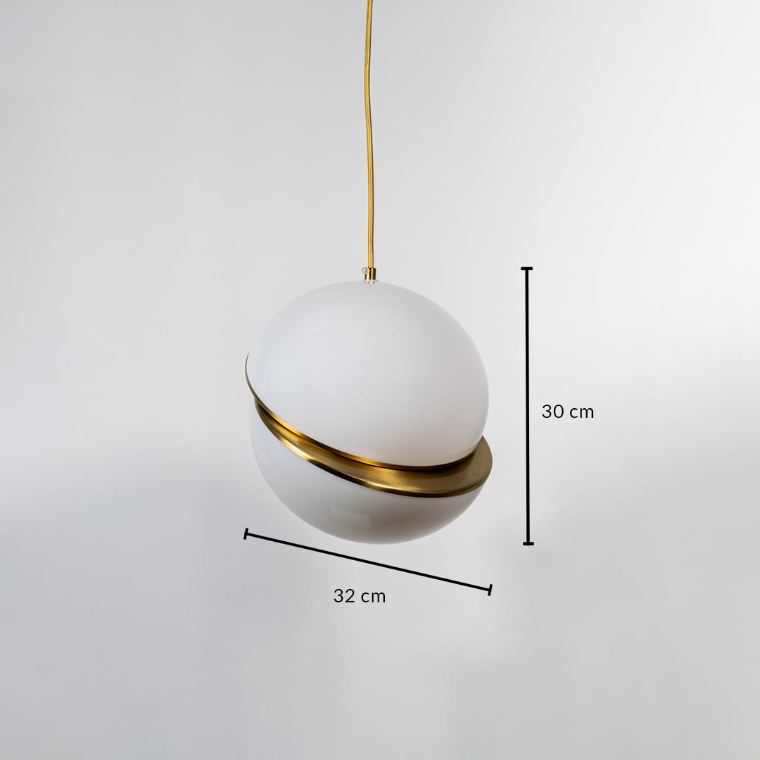 White glass pendant light with gold metal band showing 23 cm height and 20 cm diameter for modern ceiling lighting installation.