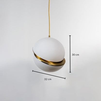 White glass pendant light with gold metal band showing 23 cm height and 20 cm diameter for modern ceiling lighting installation.