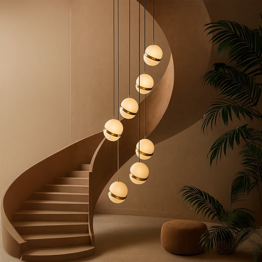 A cascading cluster of spherical pendant lights glowing warmly beside a sweeping curved staircase creating a luxurious modern ambiance in a sculptural interior setting.