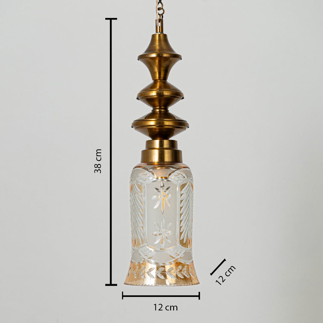 Clear etched glass and brass pendant light dimension image with 12 cm width and 38 cm height for modern bedside placement.