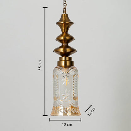 Clear etched glass and brass pendant light dimension image with 12 cm width and 38 cm height for modern bedside placement.