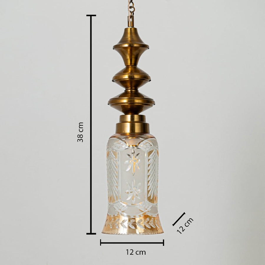 Clear etched glass and brass pendant light dimension image with 12 cm width and 38 cm height for modern bedside placement.