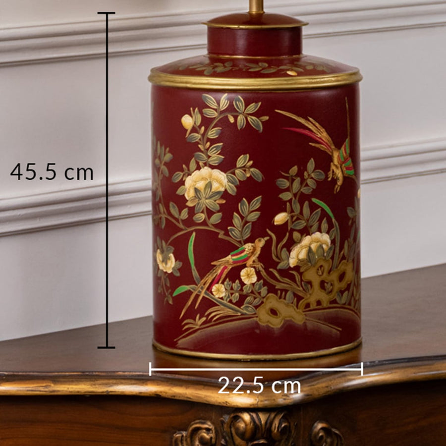 Dimensions image shows red ceramic table lamp measuring 45.5 cm height and 22.5 cm width ideal for bedside console or side table.