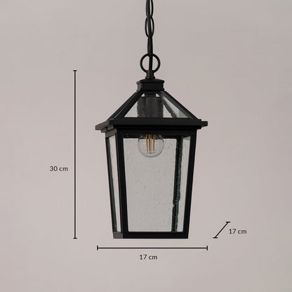 Black outdoor lantern displayed on a white background with measurements showing a height of 30 cm and a width of 17 cm for clear size reference.