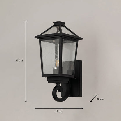 Black outdoor wall lantern with clear textured glass shown with 39 cm height 17 cm width and 20 cm depth for classic exterior lighting.