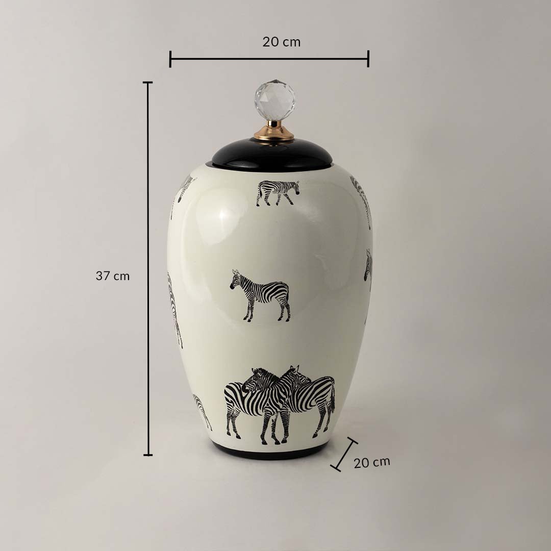 White ceramic jar with zebra print and crystal knob shown with 37 cm height and 20 cm width for size reference.