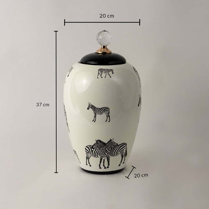 White ceramic jar with zebra print and crystal knob shown with 37 cm height and 20 cm width for size reference.