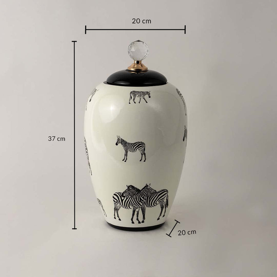 White ceramic jar with zebra print and crystal knob shown with 37 cm height and 20 cm width for size reference.