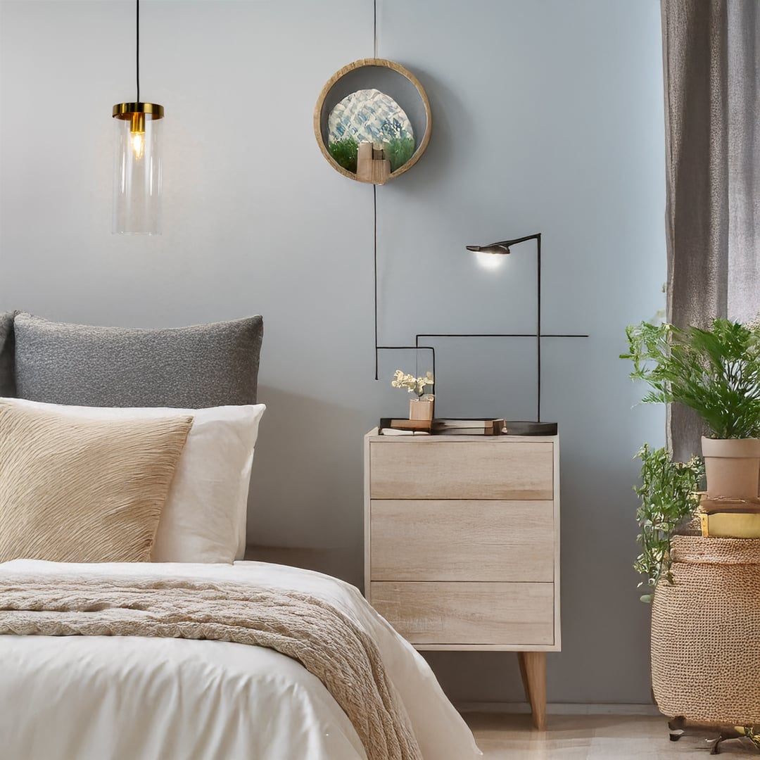 Metal cage pendant light illuminating a natural balcony setting with wicker chair earthy decor and potted plants creating a warm and relaxed outdoor vibe.