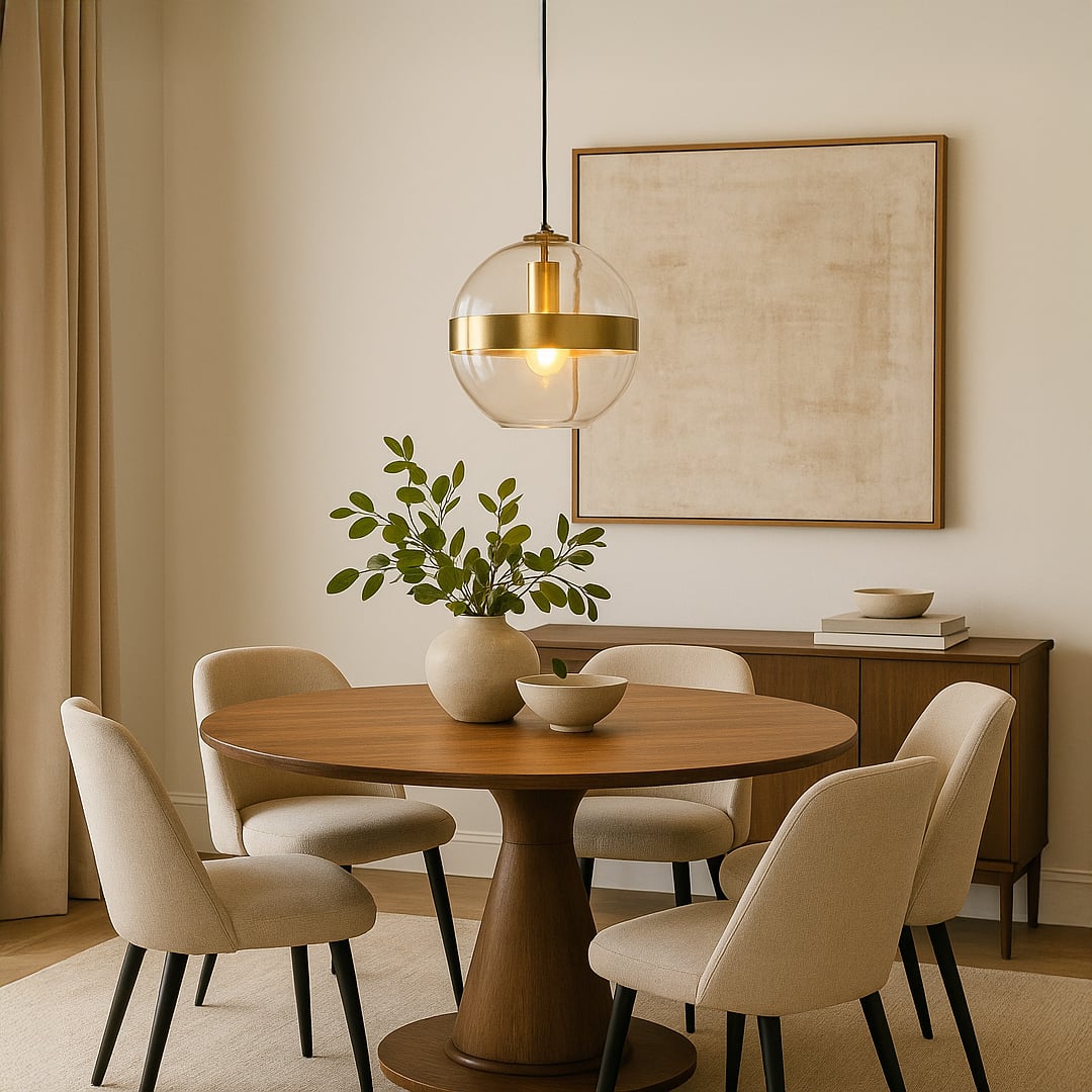 Bright kitchen interior featuring a spherical glass pendant with gold detailing illuminating a white island and wooden stools for a clean inviting atmosphere.