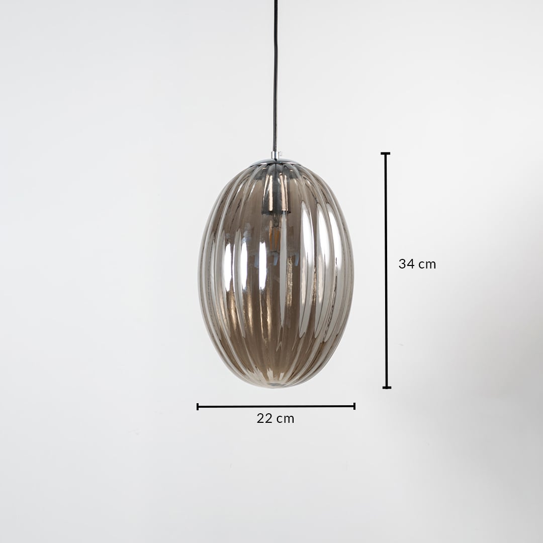 A ribbed oval glass pendant light displayed with clear measurements showing 34 cm height and 22 cm width to highlight its size and elongated oval proportions.