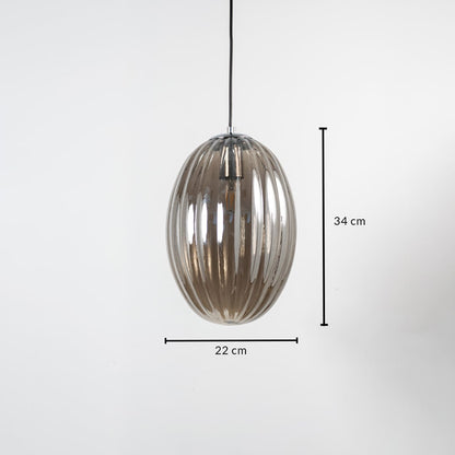 A ribbed oval glass pendant light displayed with clear measurements showing 34 cm height and 22 cm width to highlight its size and elongated oval proportions.