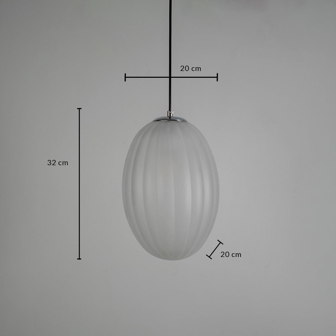 Pendant light with frosted oval glass shade shown with measurements 32 cm height and 20 cm width.