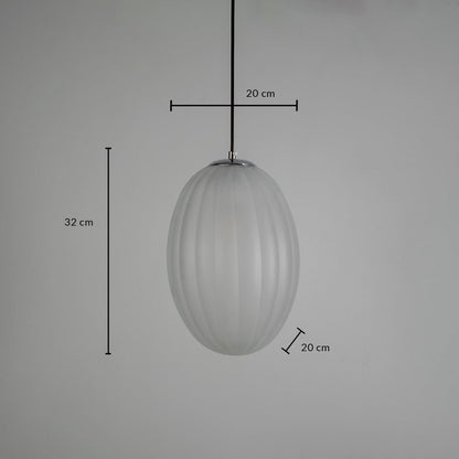 Pendant light with frosted oval glass shade shown with measurements 32 cm height and 20 cm width.