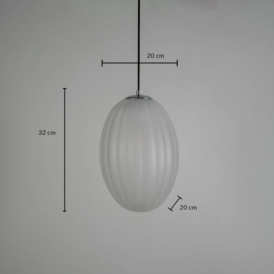 Pendant light with frosted oval glass shade shown with measurements 32 cm height and 20 cm width.