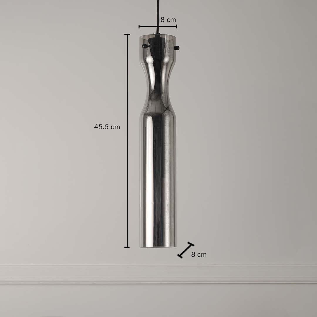 Dimension image of chrome finish sculptural metal pendant light showing 45.5 cm height and 8 cm width.
