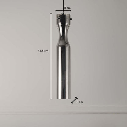 Dimension image of chrome finish sculptural metal pendant light showing 45.5 cm height and 8 cm width.